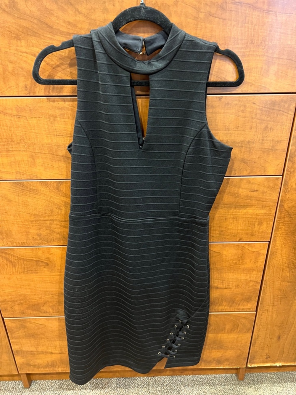 bebe Black Sleeveless Ribbed Mini Dress with Lace-Up Detail